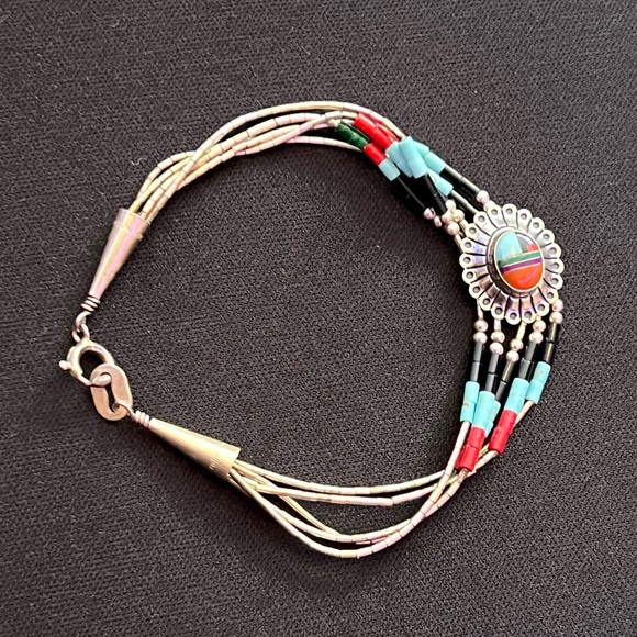 Vintage Native American Signed Liquid Silver Heshi Multi Inlay Bracelet - Picture 4 of 14